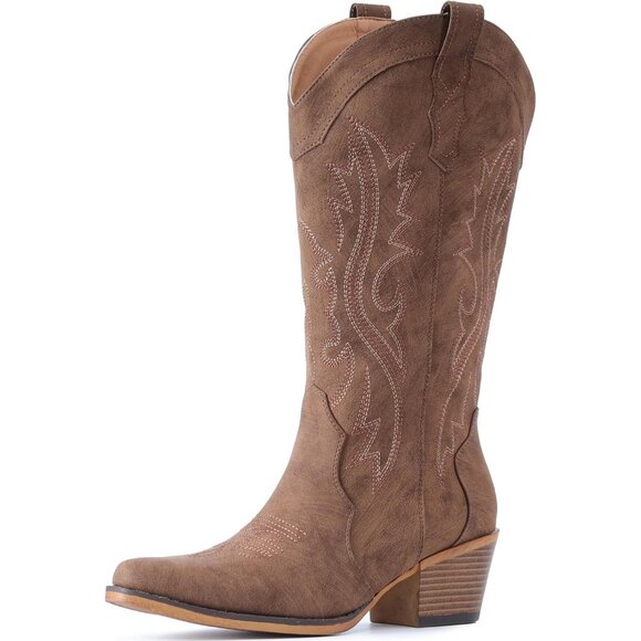 Women's Chunky Heel Mid Calf Snip Toe Western Elegance Embroidery Brown Boots - Picture 4 of 6
